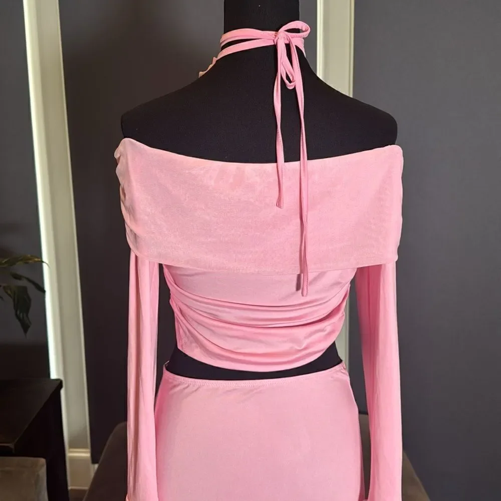 Pink 2 Piece Set Off the Shoulder Long Sleeve Crop Top & Skirt Size L NEW